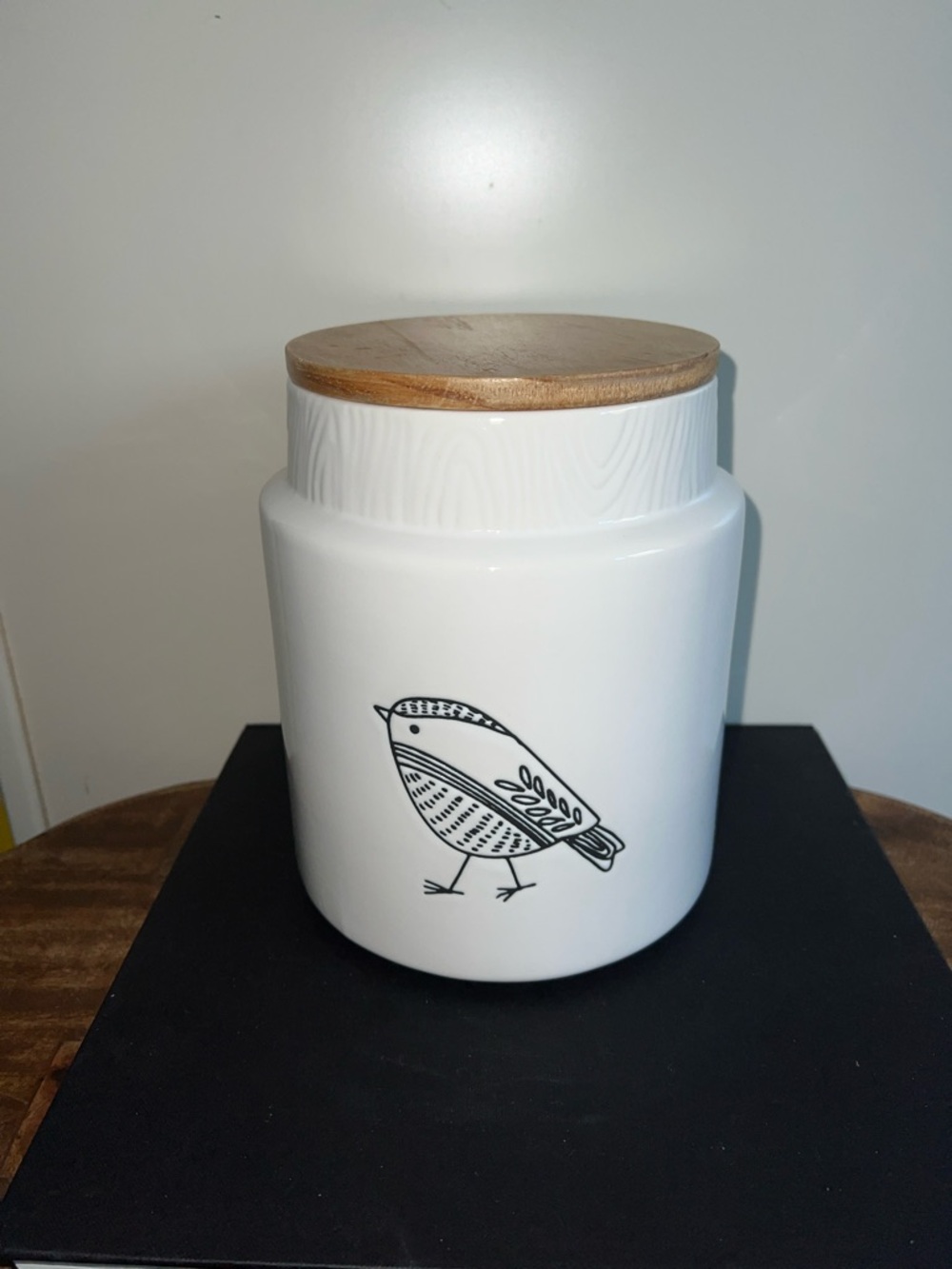 Pier 1 White Ceramic Canister with Black Logo